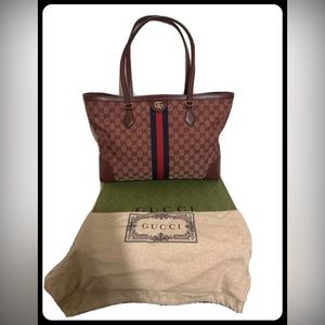 Gucci Ophidia Tote Medium Beige/Burgundy GG Web Canvas/Leather